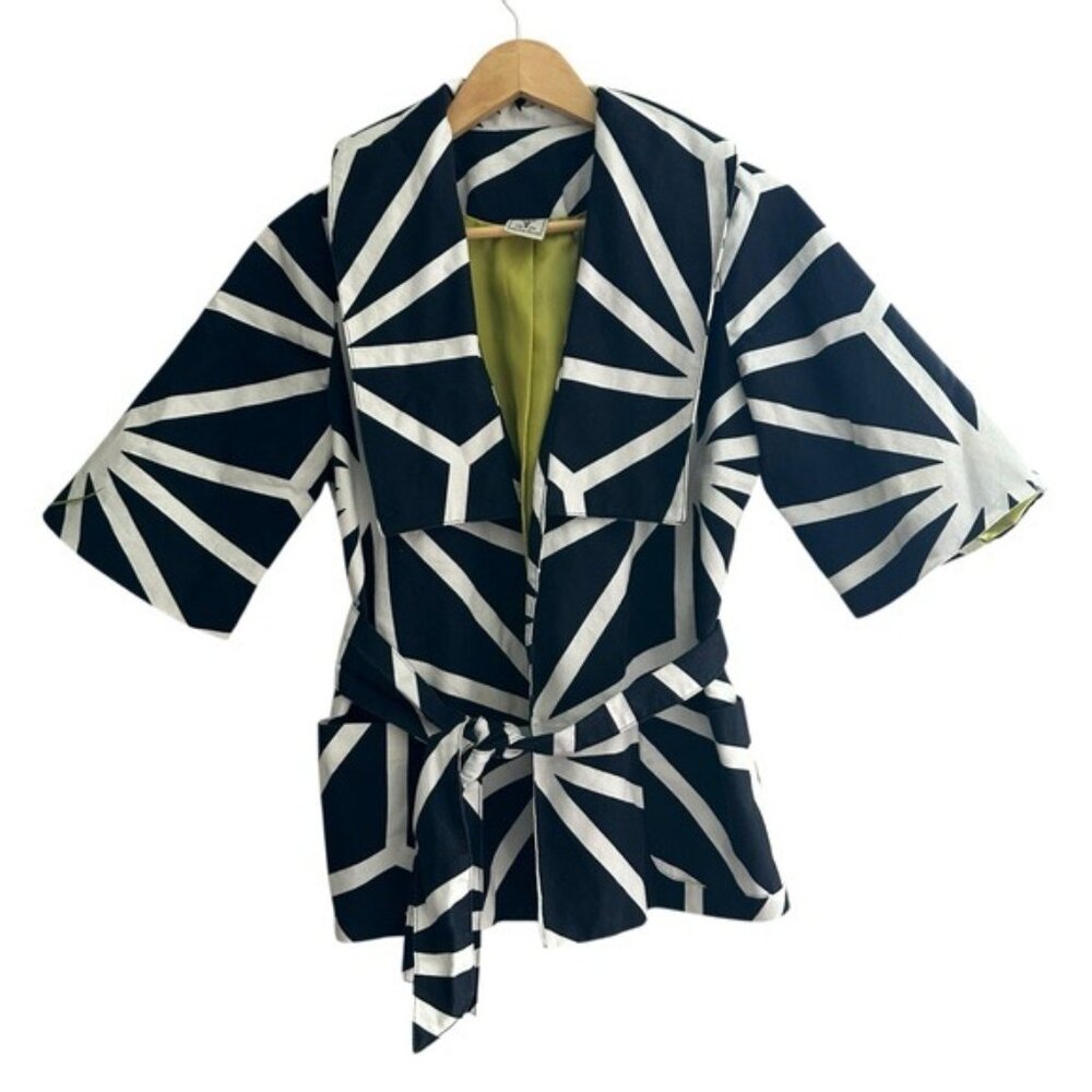 Virginia Taylor Abstract Black White Belted Jacket XS Artwear Statement Chic